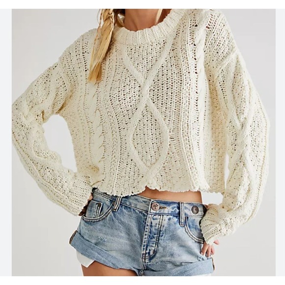 Free People Sweaters - Free People Womens Large Ivory Crop Chunky Open Cable Knit Sweater Top 100% Cott